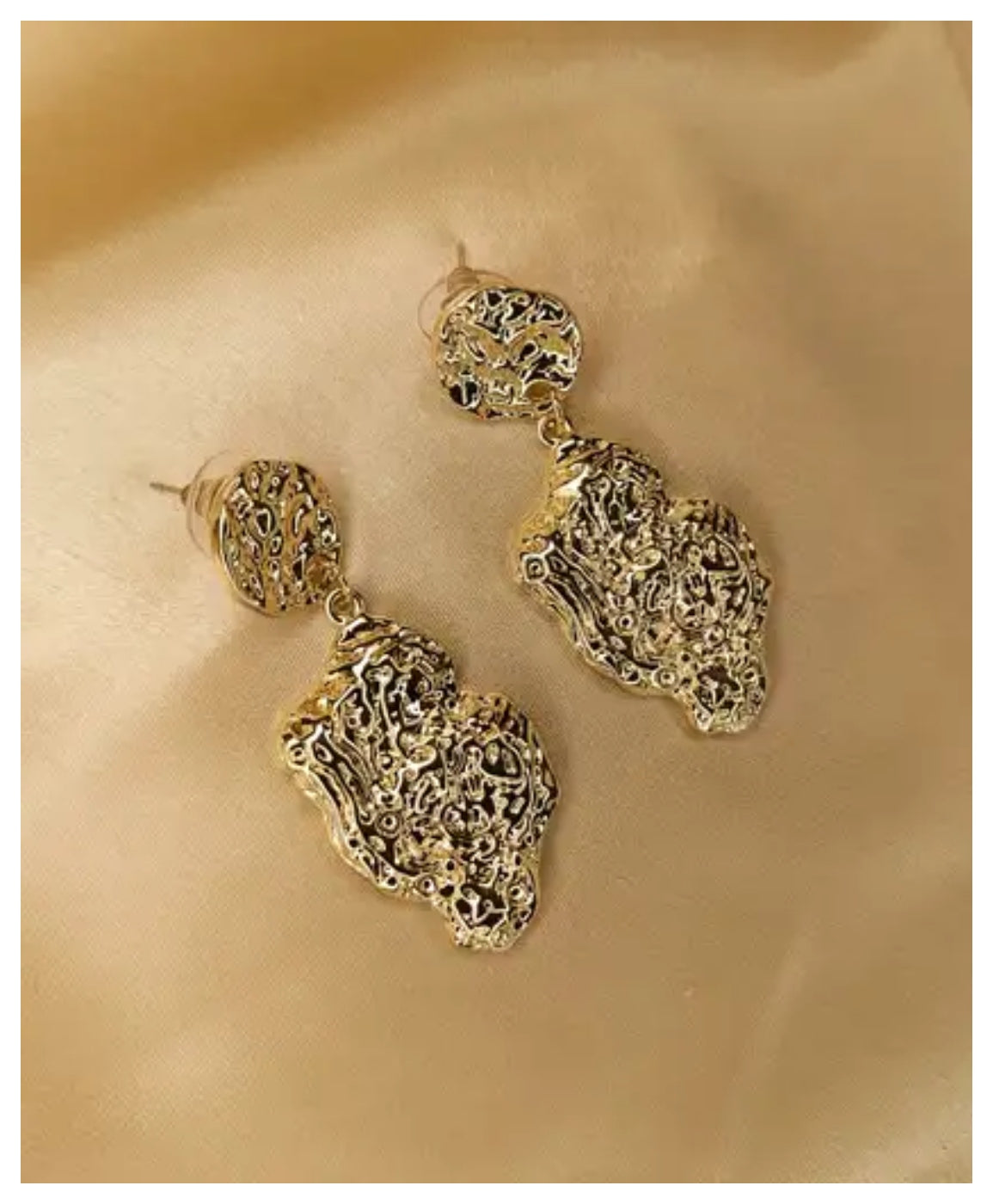 Gold Tone Metal Rough Drop Earrings