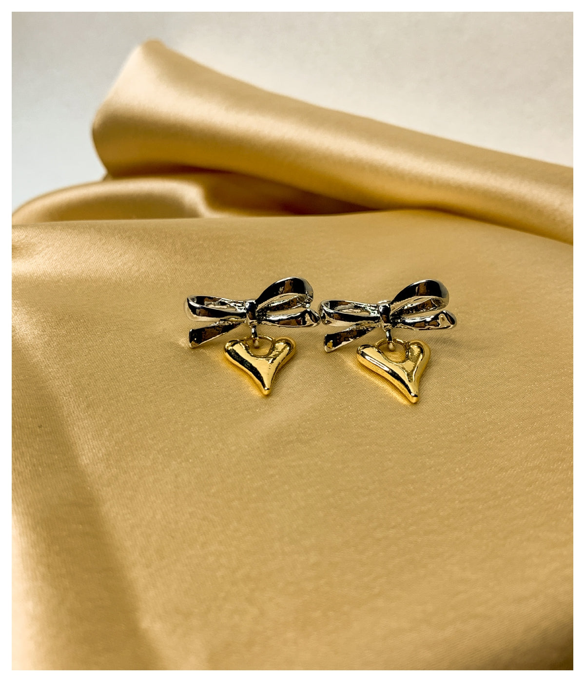 Golden Silver Bow & Heart Drop Earrings