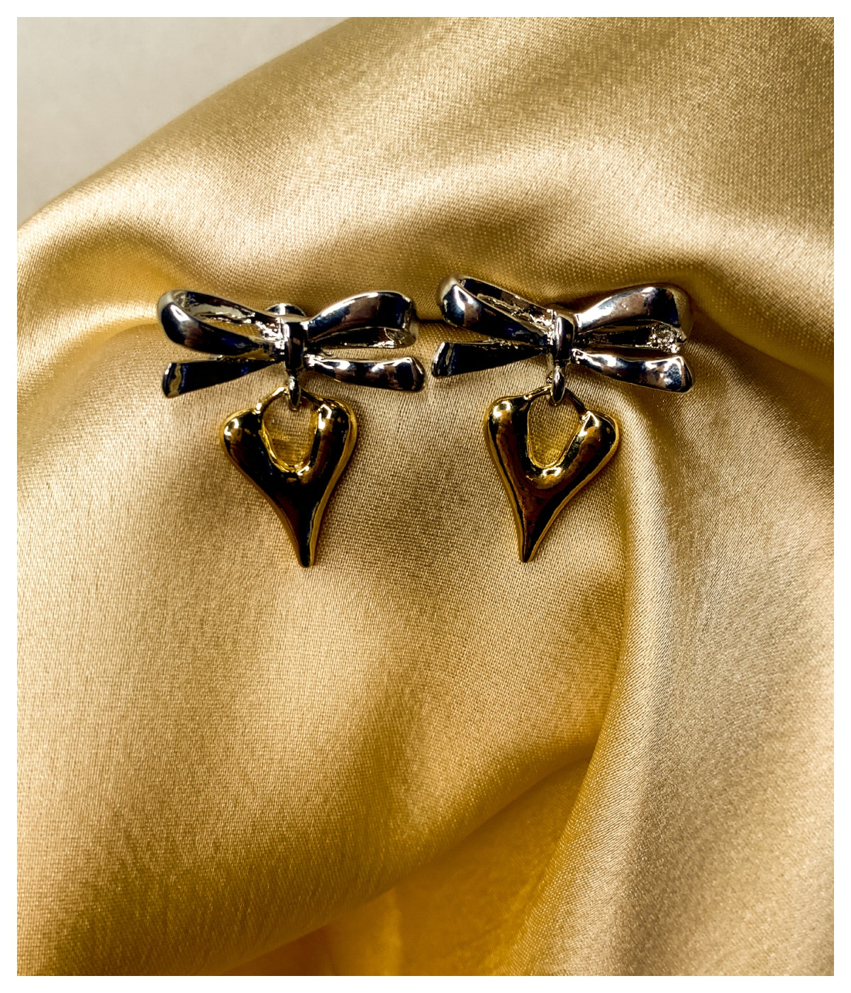 Golden Silver Bow & Heart Drop Earrings