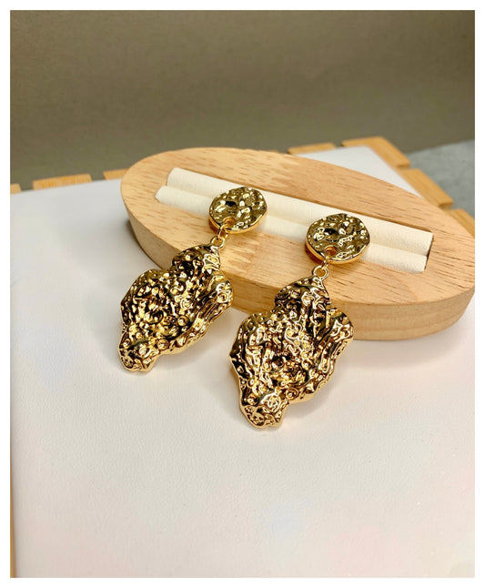 Gold Tone Metal Rough Drop Earrings