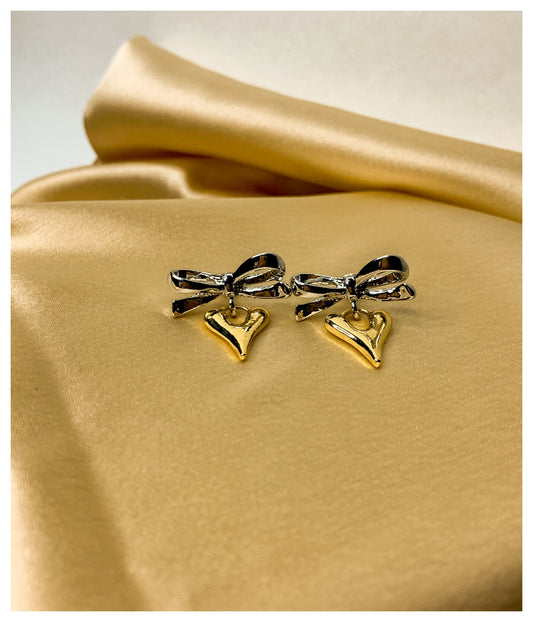 Golden Silver Bow & Heart Drop Earrings