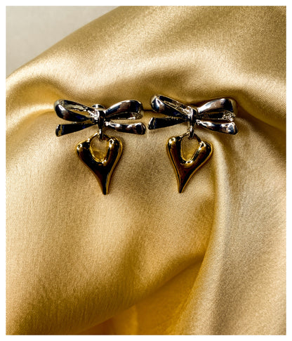 Golden Silver Bow & Heart Drop Earrings