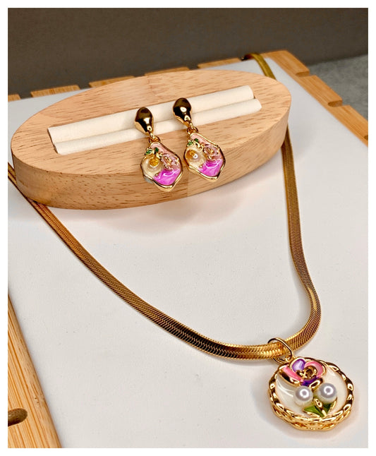 Stylish Enamel Pendant and Earrings Set